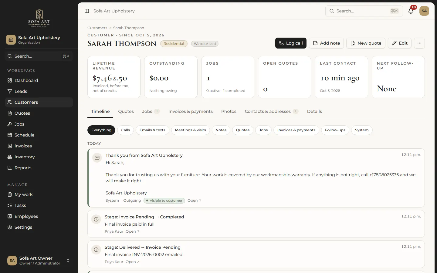 Customer timeline: Every message, stage change and payment on one record.